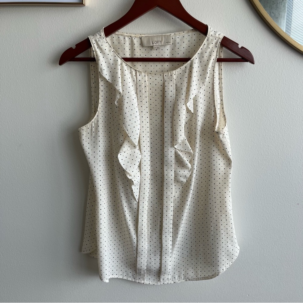 White Ruffled Blouse: Tan & Navy Dots